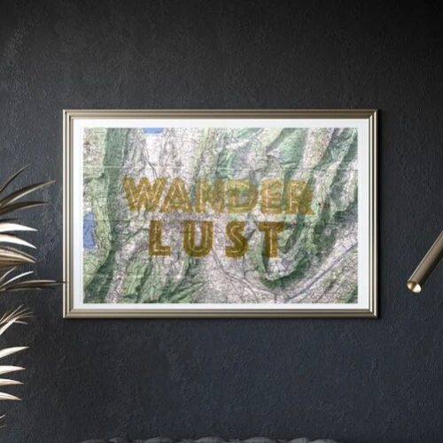 Wanderlust gold & glitter silkscreen print on vintage maps