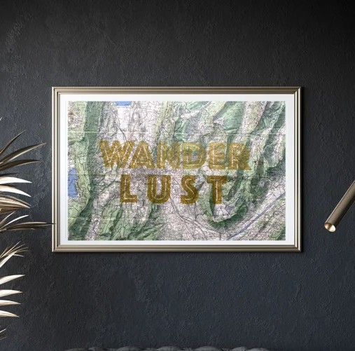 wanderlust Wanderlust gold & glitter silkscreen print on vintage maps